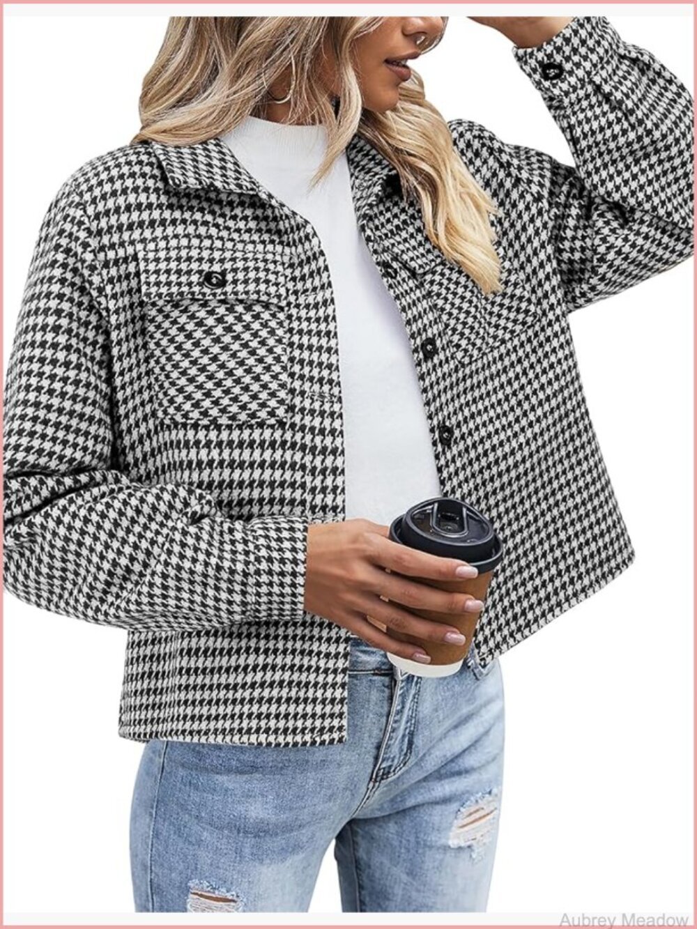 Cropped Flannel Shacket Jacket with Button Front & Pockets